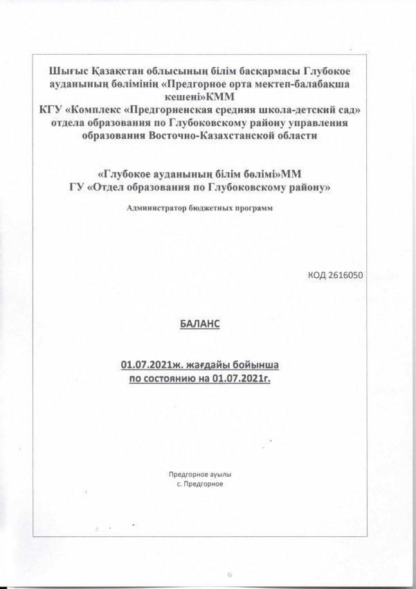 БАЛАНС по состоянию на 01.07.2021 год